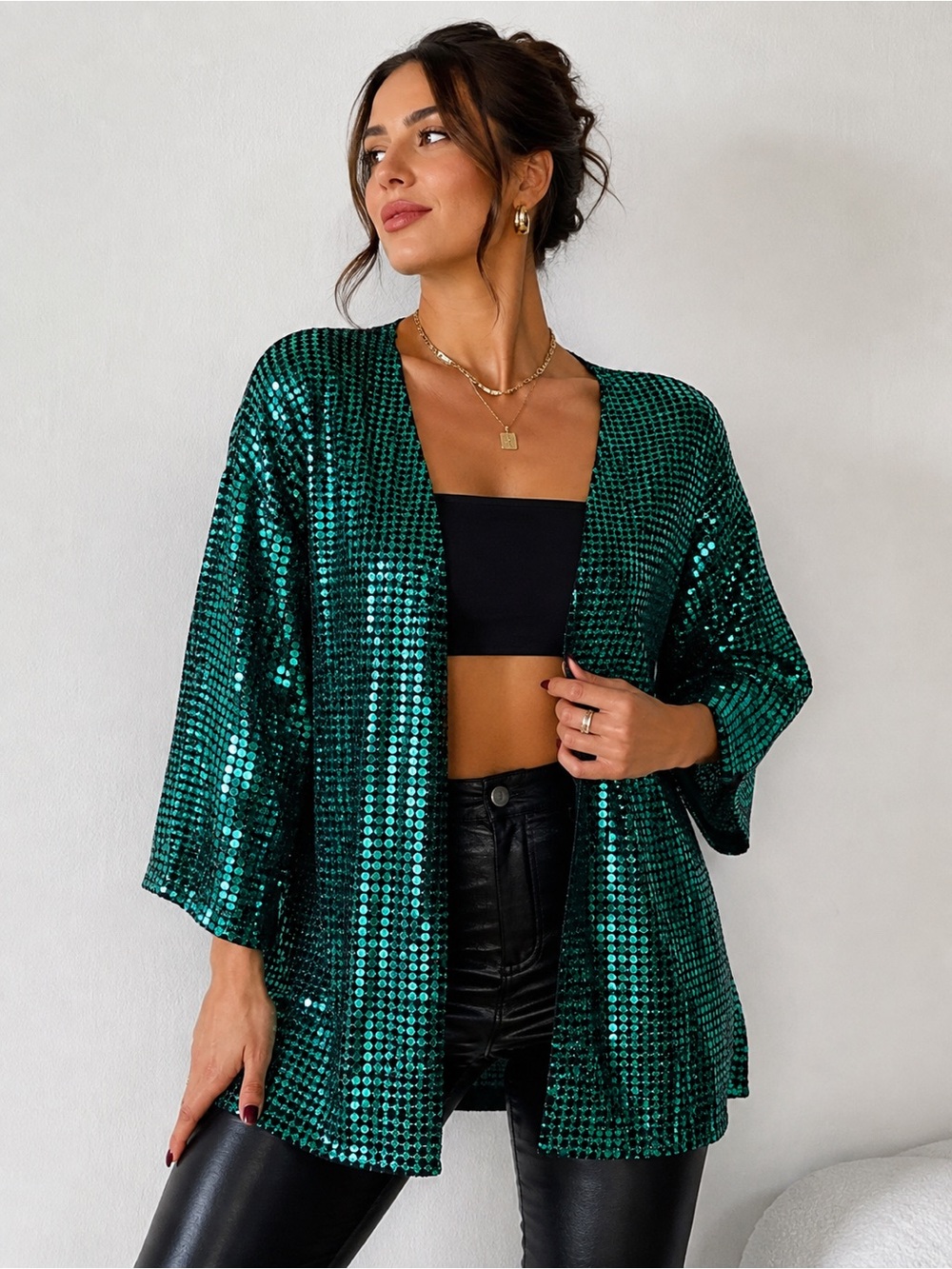 Emerald Green Sequin Kimono Jacket Sparkly Statement Cardigan Handmade